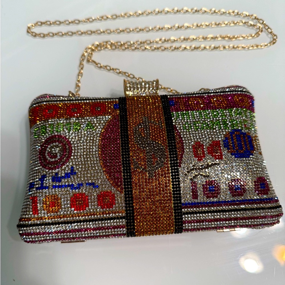 NWT Caleesa Multicolor Beaded Clutch with Chain Strap‎ $100 bill theme